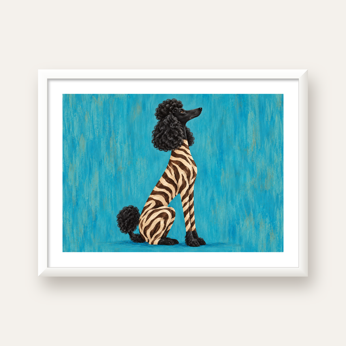 Turkuaz Zebra Desenli Pudel Köpek Poster — beyaz çerçeveli yatay poster
