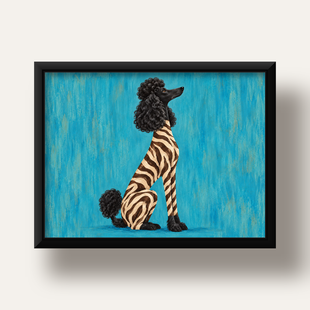 Turkuaz Zebra Desenli Pudel Köpek Poster — siyah derin çerçeveli