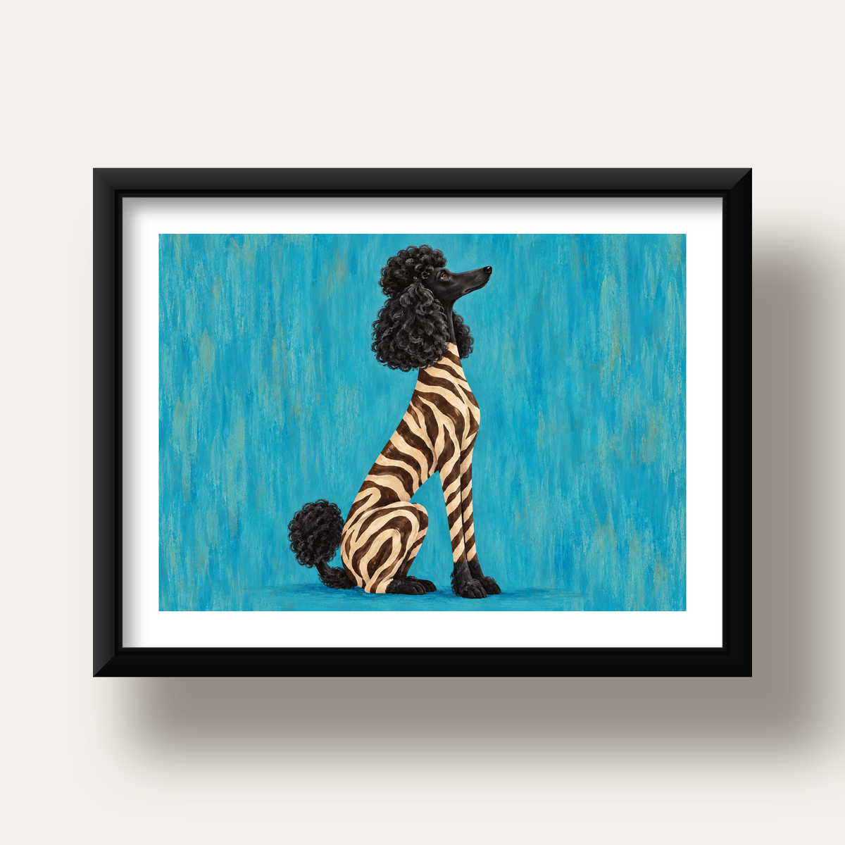 Turkuaz Zebra Desenli Pudel Köpek Poster — siyah derin çerçeveli paspartulu