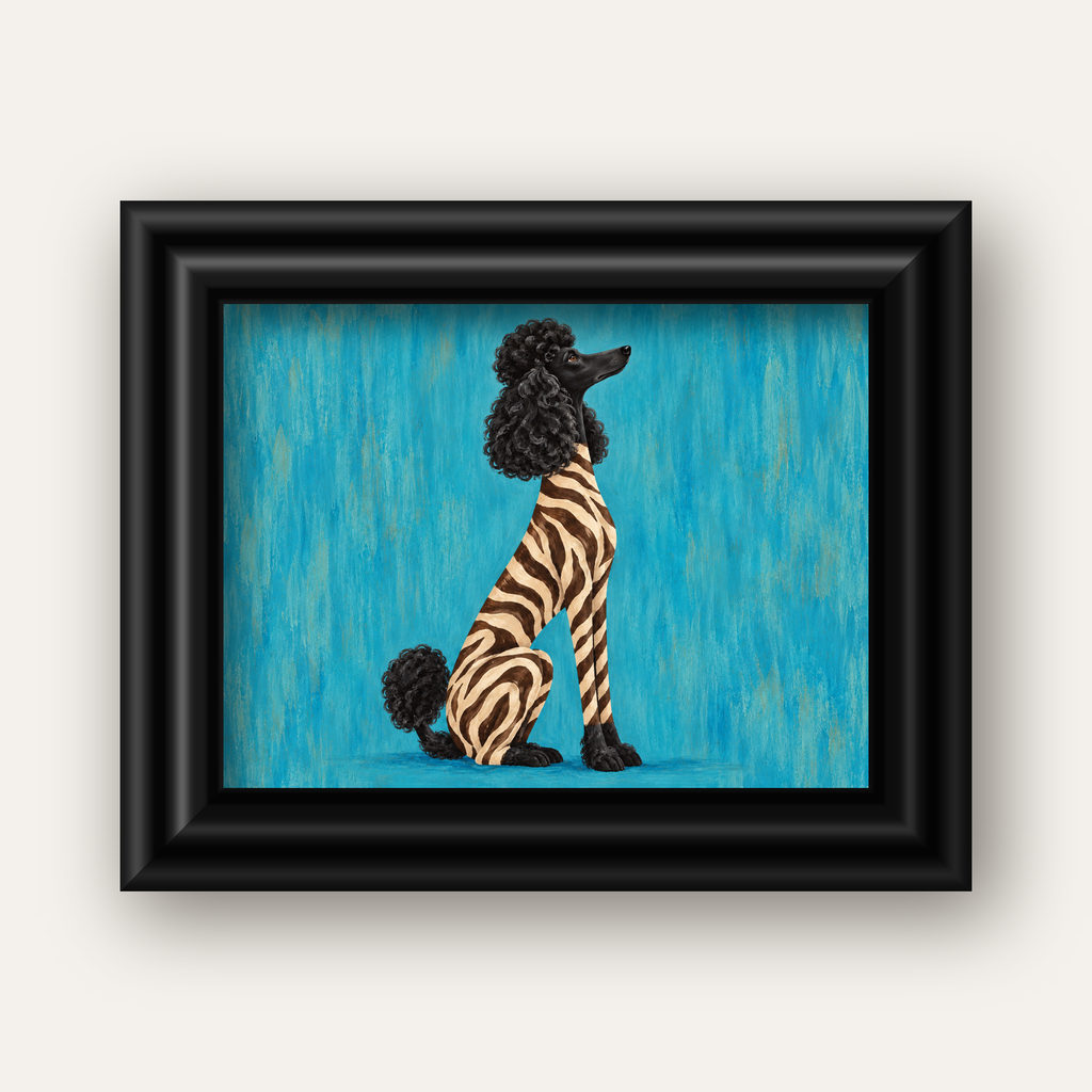 Turkuaz Zebra Desenli Pudel Köpek Poster — siyah galeri çerçeveli