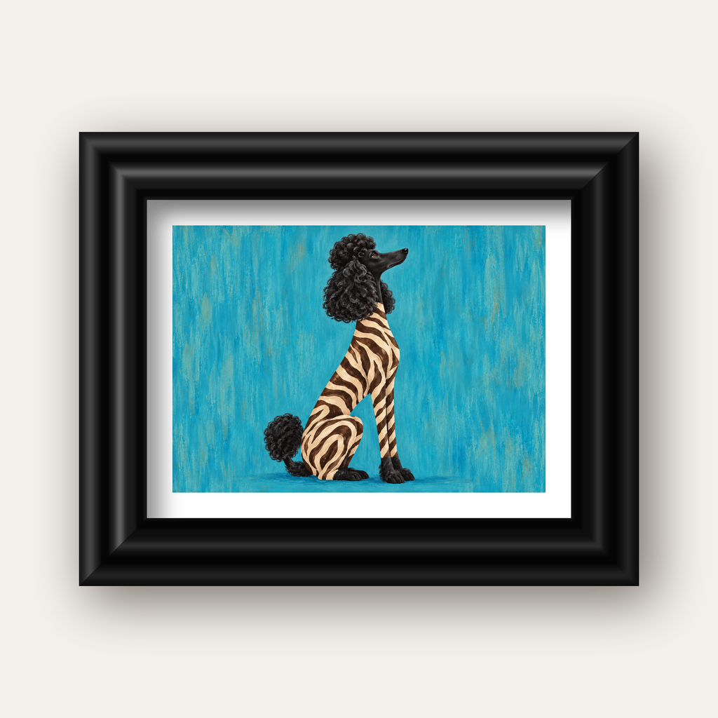 Turkuaz Zebra Desenli Pudel Köpek Poster — siyah galeri çerçeveli paspartulu