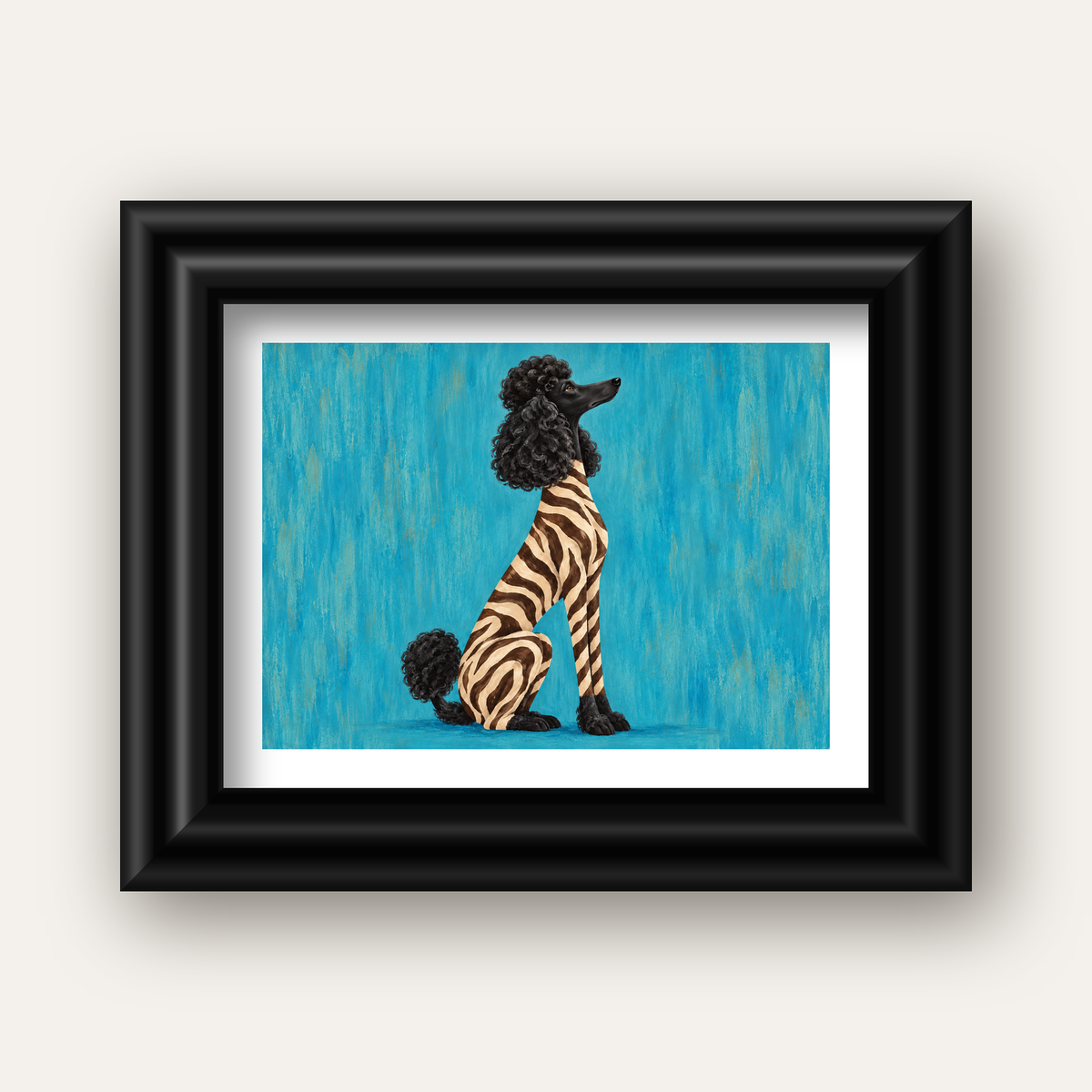 Turkuaz Zebra Desenli Pudel Köpek Poster — siyah galeri çerçeveli paspartulu