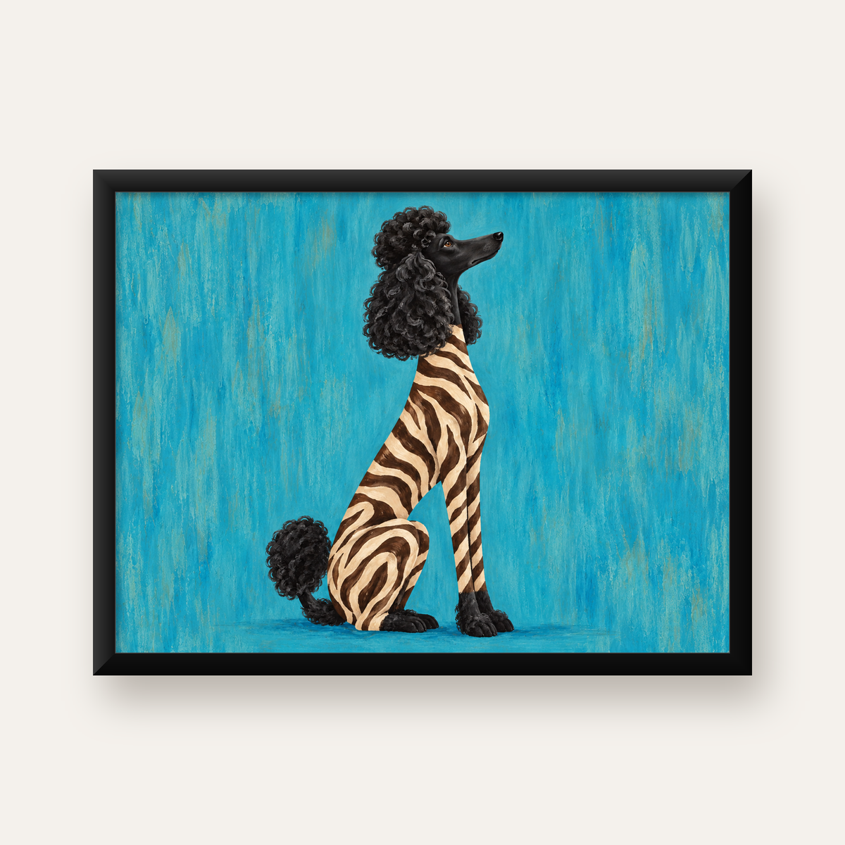 Zebra Desenli Kaniş Köpeği Dijital Sanat Poster — Yatay baskı, düz siyah çerçeveli duvar posteri