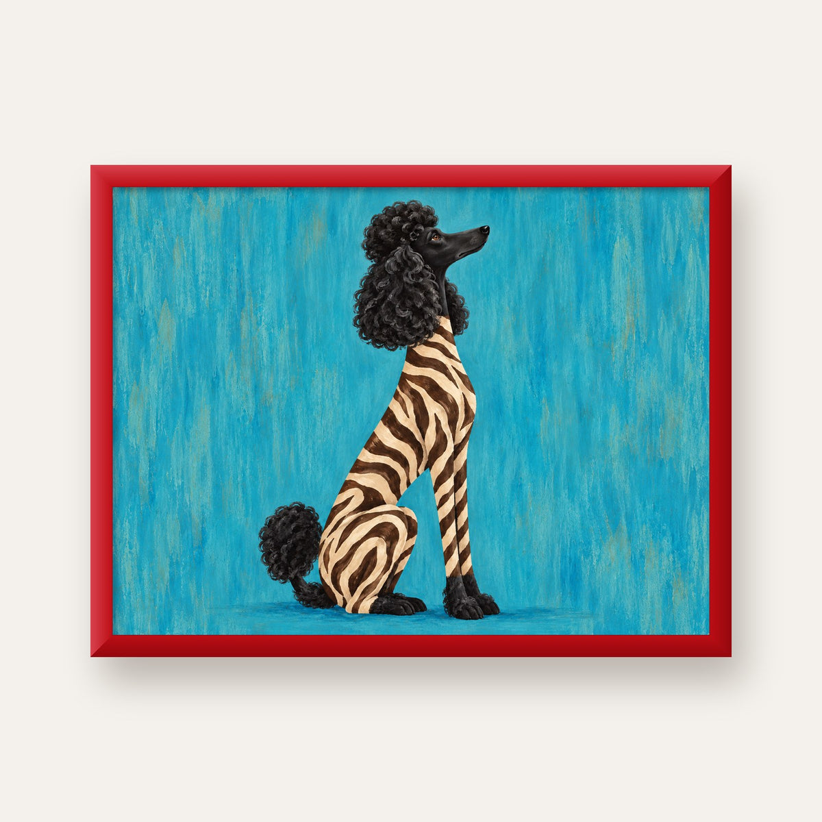 Turkuaz Zebra Desenli Pudel Köpek Poster — kırmızı çerçeveli