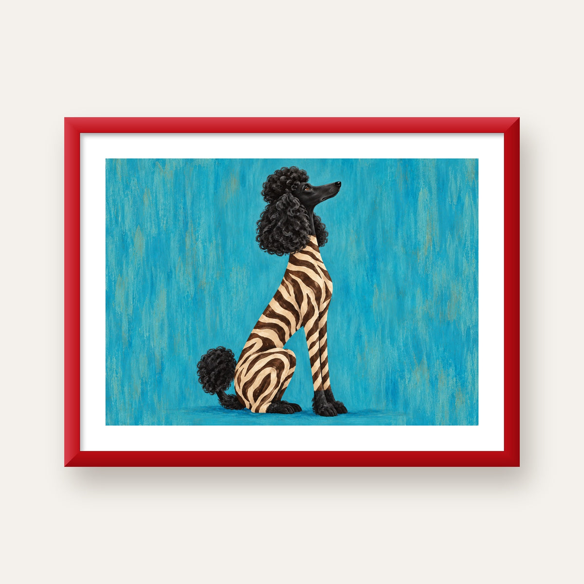 Turkuaz Zebra Desenli Pudel Köpek Poster — kırmızı çerçeveli paspartulu