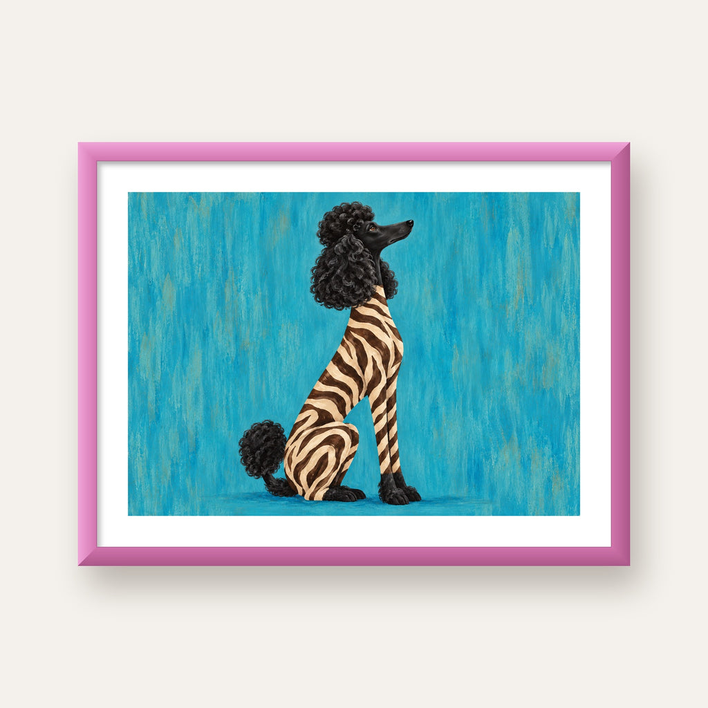 Turkuaz Zebra Desenli Pudel Köpek Poster — pembe çerçeveli paspartulu
