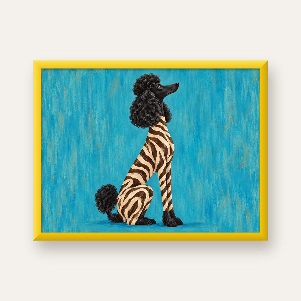 Turkuaz Zebra Desenli Pudel Köpek Poster — sarı çerçeveli