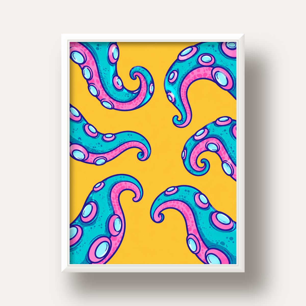 Renkli Ahtapot Kolları Poster – Canlı Dijital Sanat Baskısı — beyaz derin çerçeveli