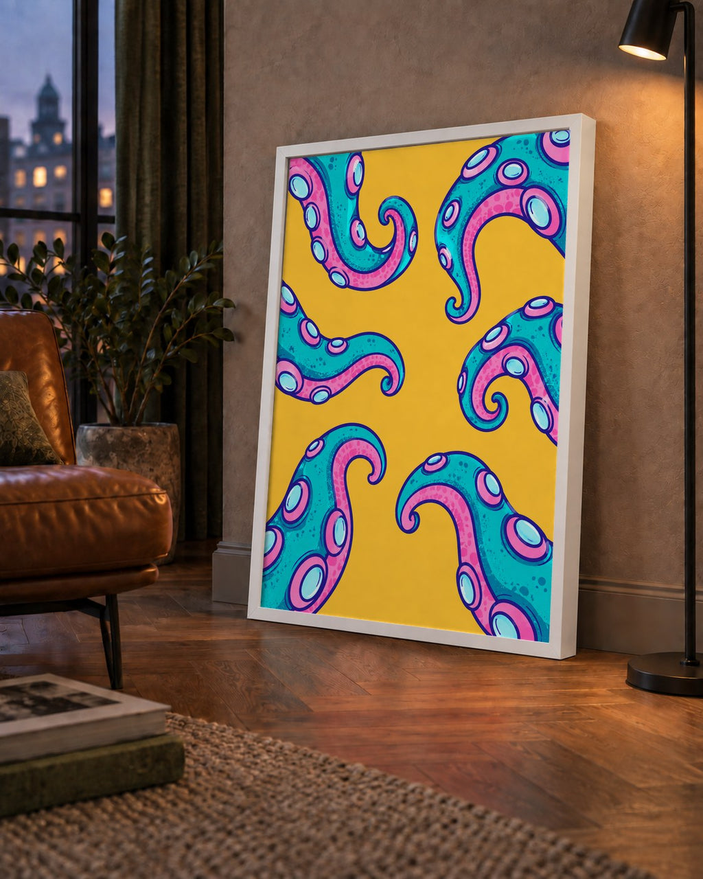 Renkli Ahtapot Kolları Poster – Canlı Dijital Sanat Baskısı — çerçeveli hâliyle bir ev duvarında
