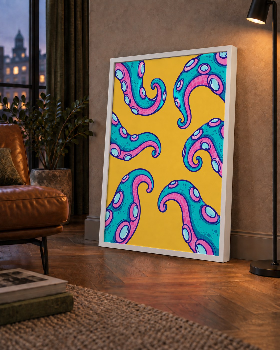 Renkli Ahtapot Kolları Poster – Canlı Dijital Sanat Baskısı — çerçeveli hâliyle bir ev duvarında