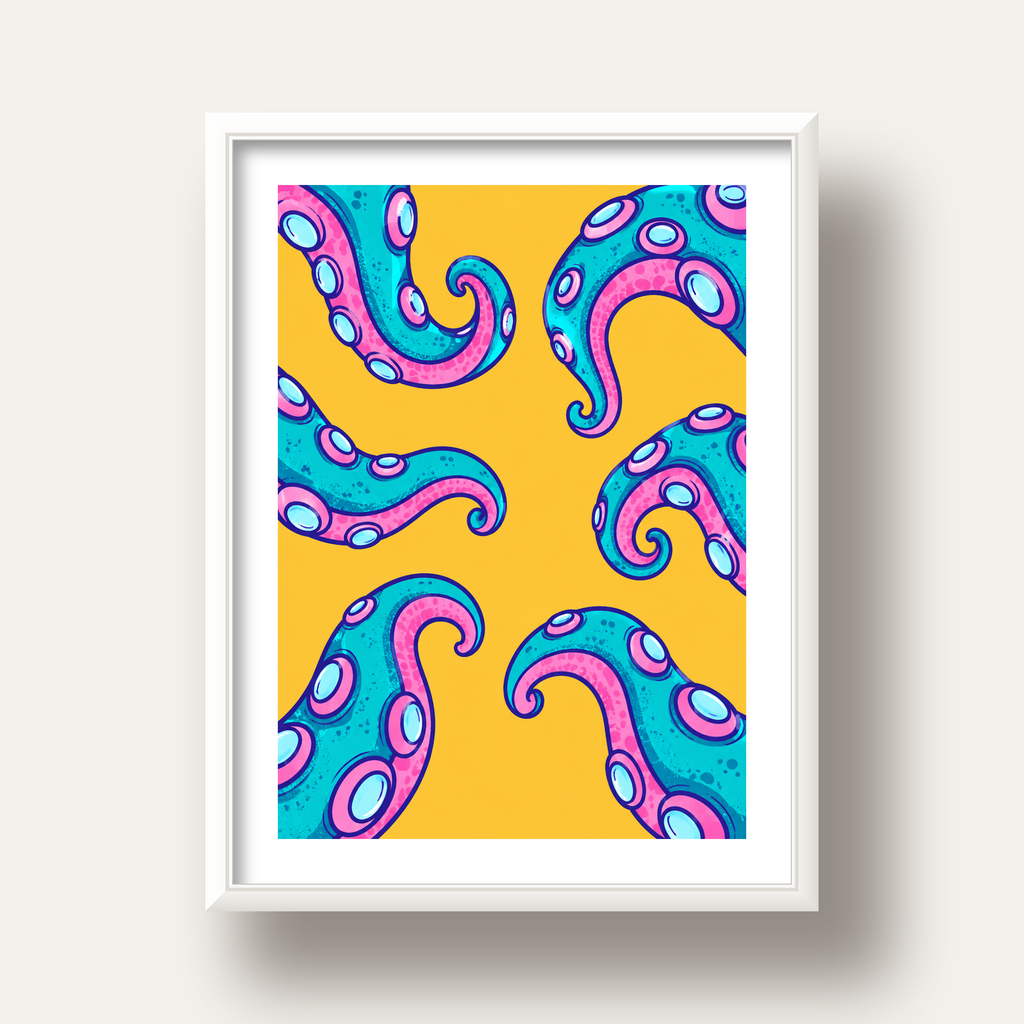 Renkli Ahtapot Kolları Poster – Canlı Dijital Sanat Baskısı — beyaz derin çerçeveli paspartulu