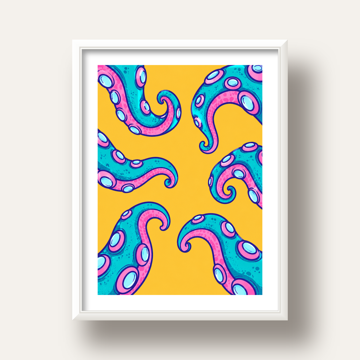 Renkli Ahtapot Kolları Poster – Canlı Dijital Sanat Baskısı — beyaz derin çerçeveli paspartulu