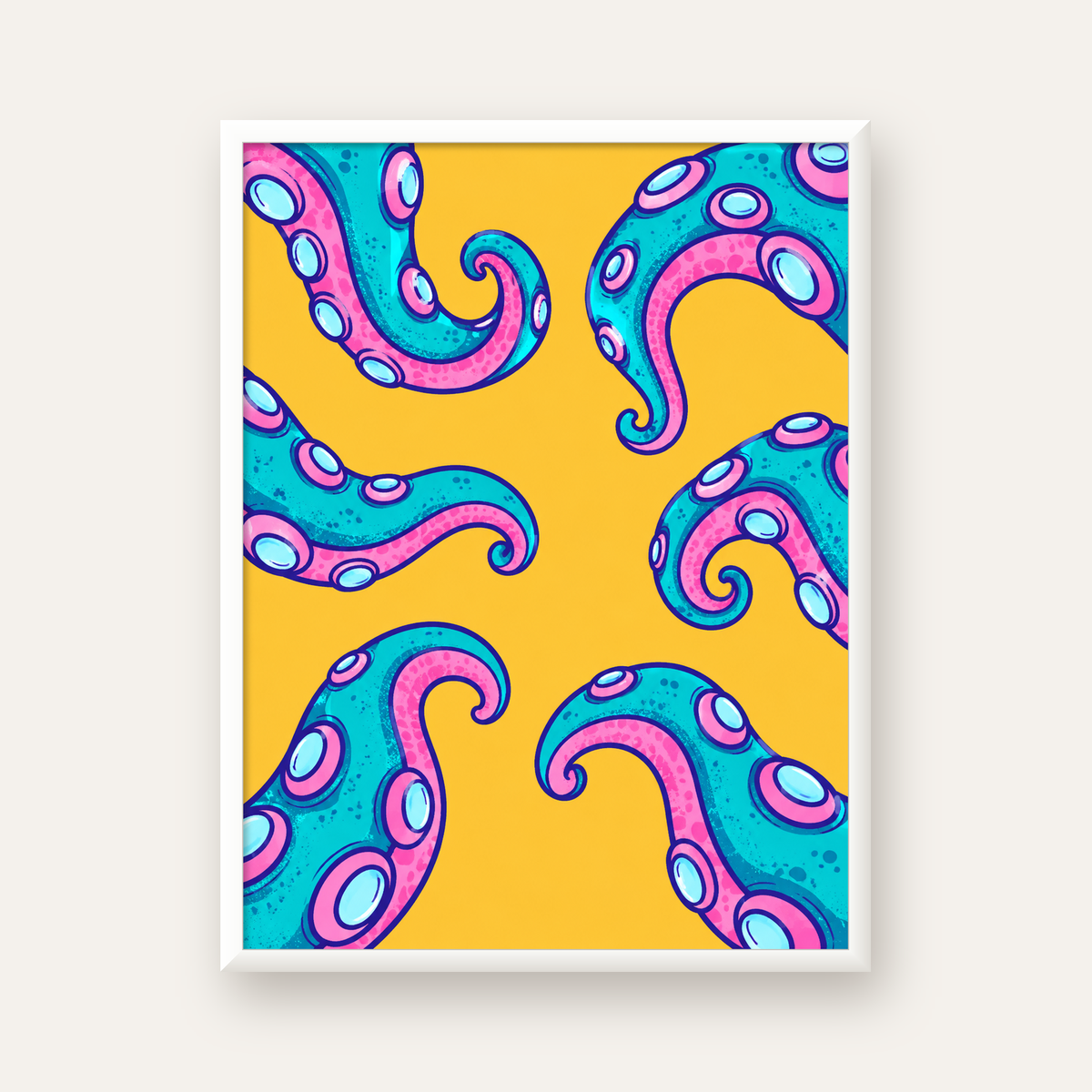 Renkli Ahtapot Kolları Poster – Canlı Dijital Sanat Baskısı — beyaz çerçeveli dikey poster