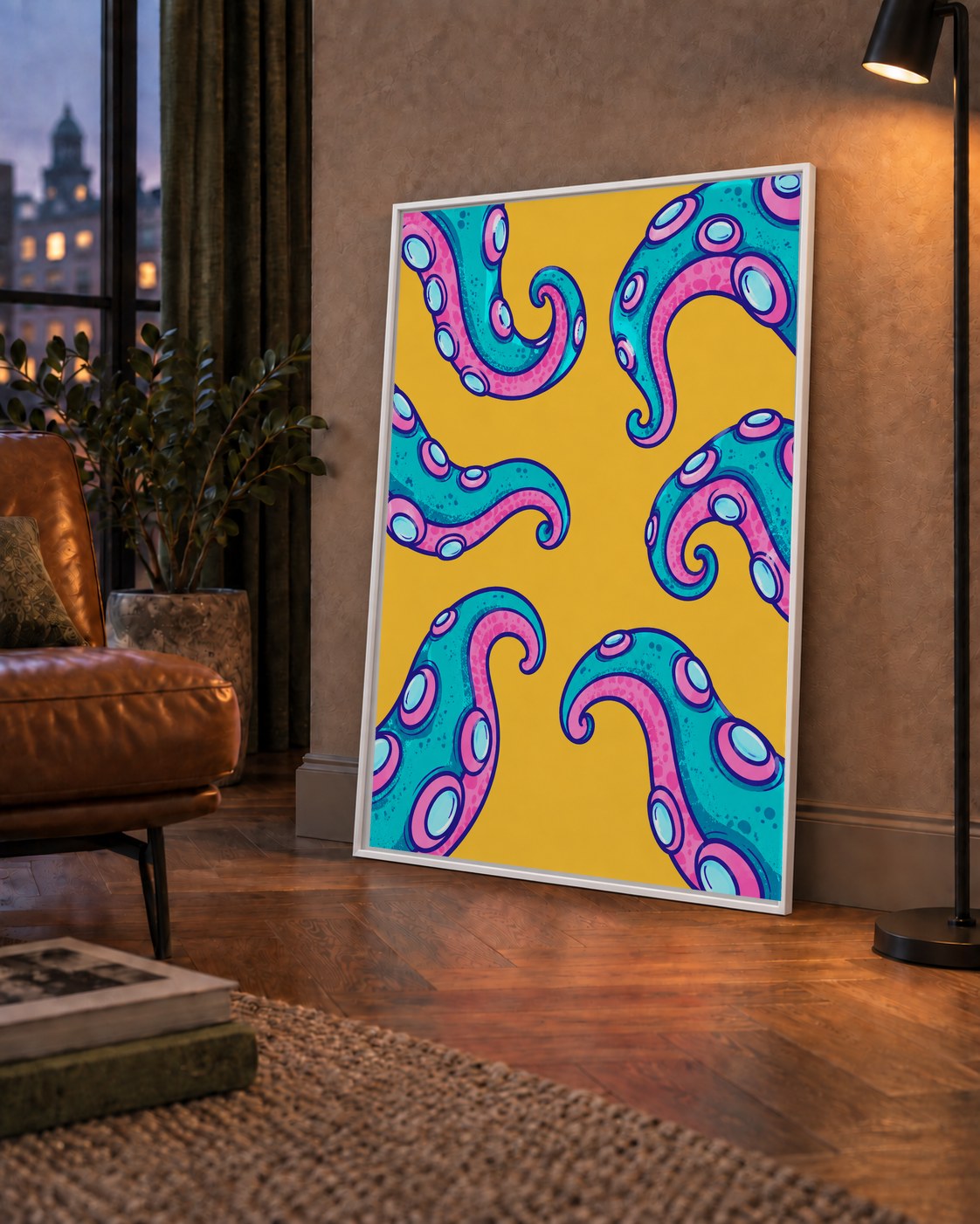 Renkli Ahtapot Kolları Poster – Canlı Dijital Sanat Baskısı — çerçeveli hâliyle bir ev duvarında