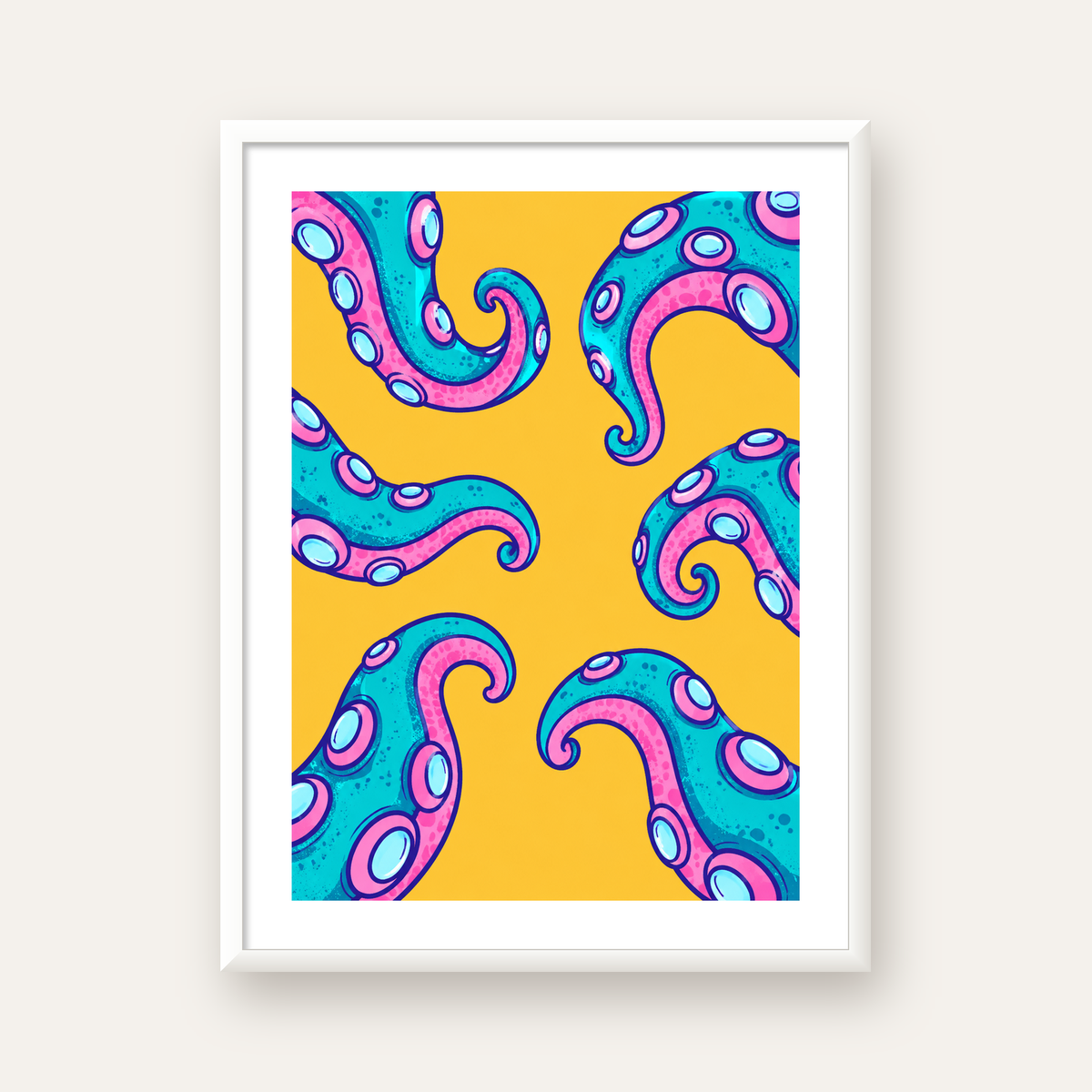 Renkli Ahtapot Kolları Poster – Canlı Dijital Sanat Baskısı — beyaz çerçeveli dikey poster