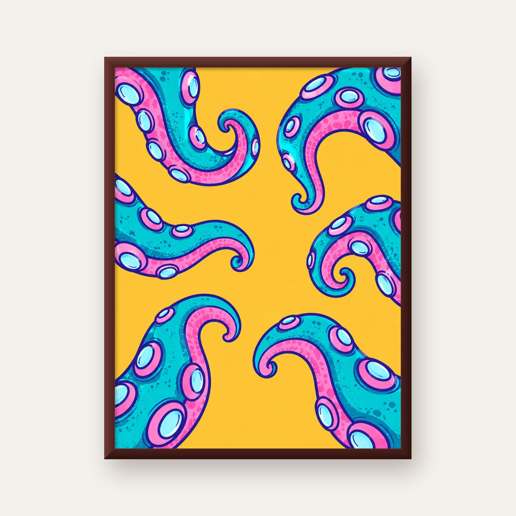 Renkli Ahtapot Kolları Poster – Canlı Dijital Sanat Baskısı — ceviz çerçeveli