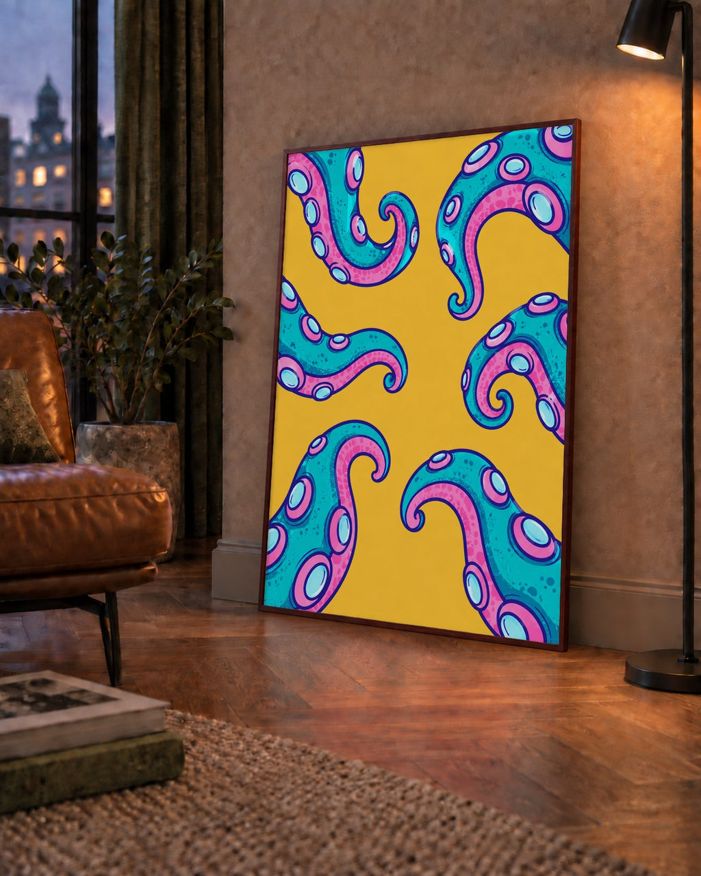 Renkli Ahtapot Kolları Poster – Canlı Dijital Sanat Baskısı — çerçeveli hâliyle bir ev duvarında