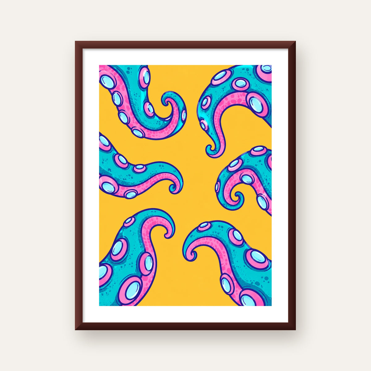 Renkli Ahtapot Kolları Poster – Canlı Dijital Sanat Baskısı — ceviz çerçeveli paspartulu