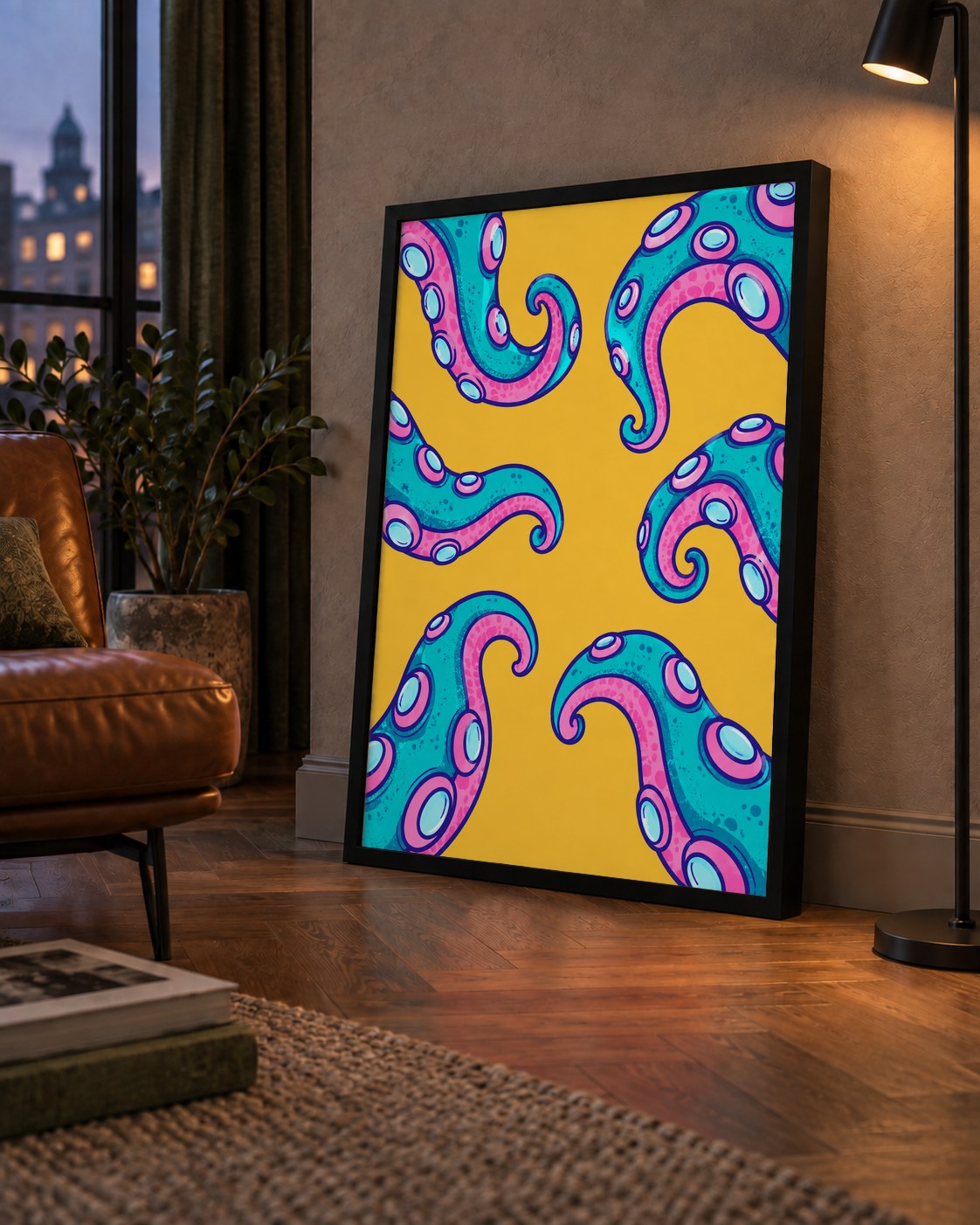 Renkli Ahtapot Kolları Poster – Canlı Dijital Sanat Baskısı — çerçeveli hâliyle bir ev duvarında