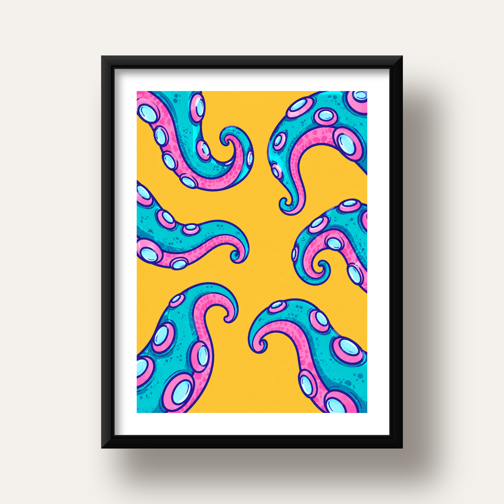 Renkli Ahtapot Kolları Poster – Canlı Dijital Sanat Baskısı — siyah derin çerçeveli paspartulu