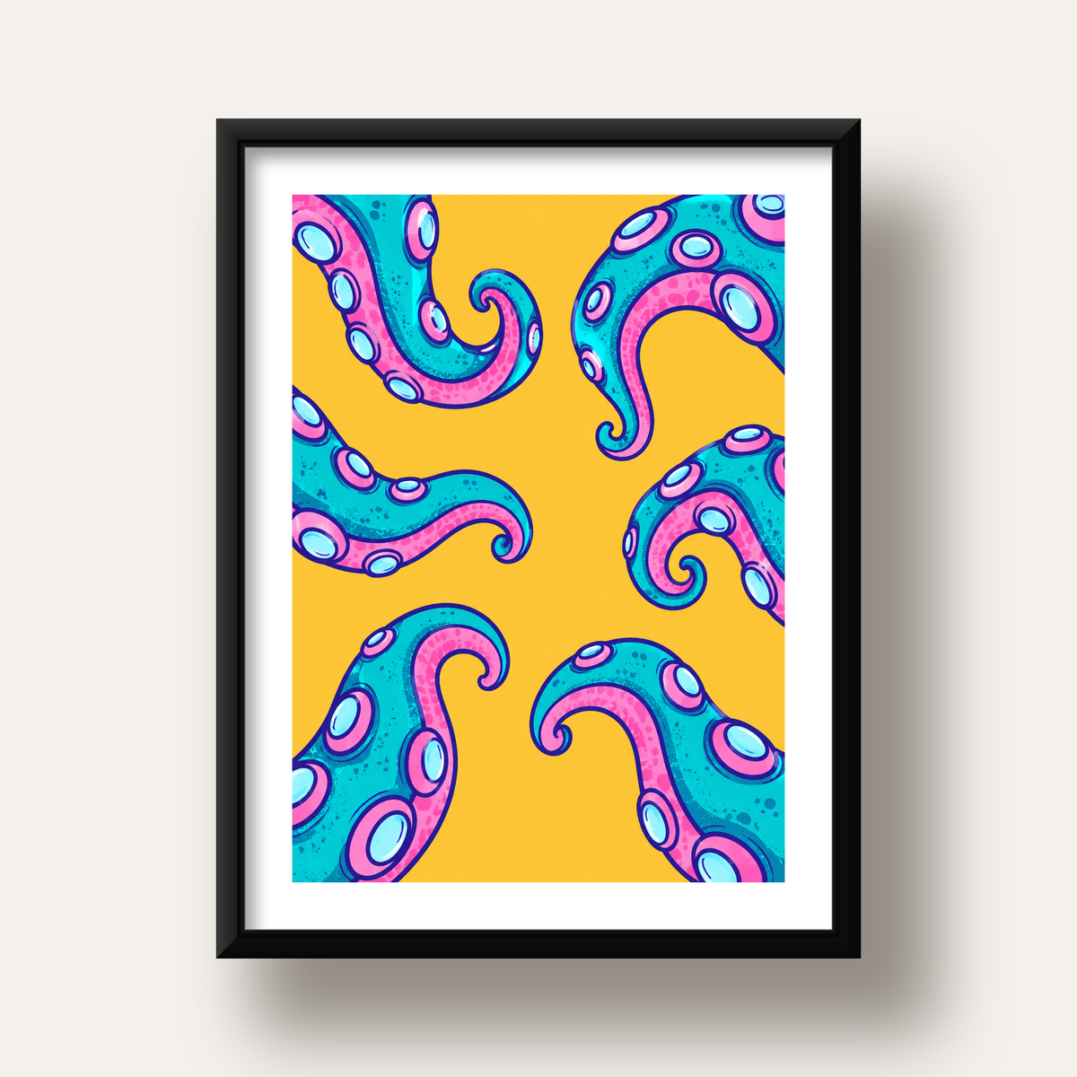 Renkli Ahtapot Kolları Poster – Canlı Dijital Sanat Baskısı — siyah derin çerçeveli paspartulu