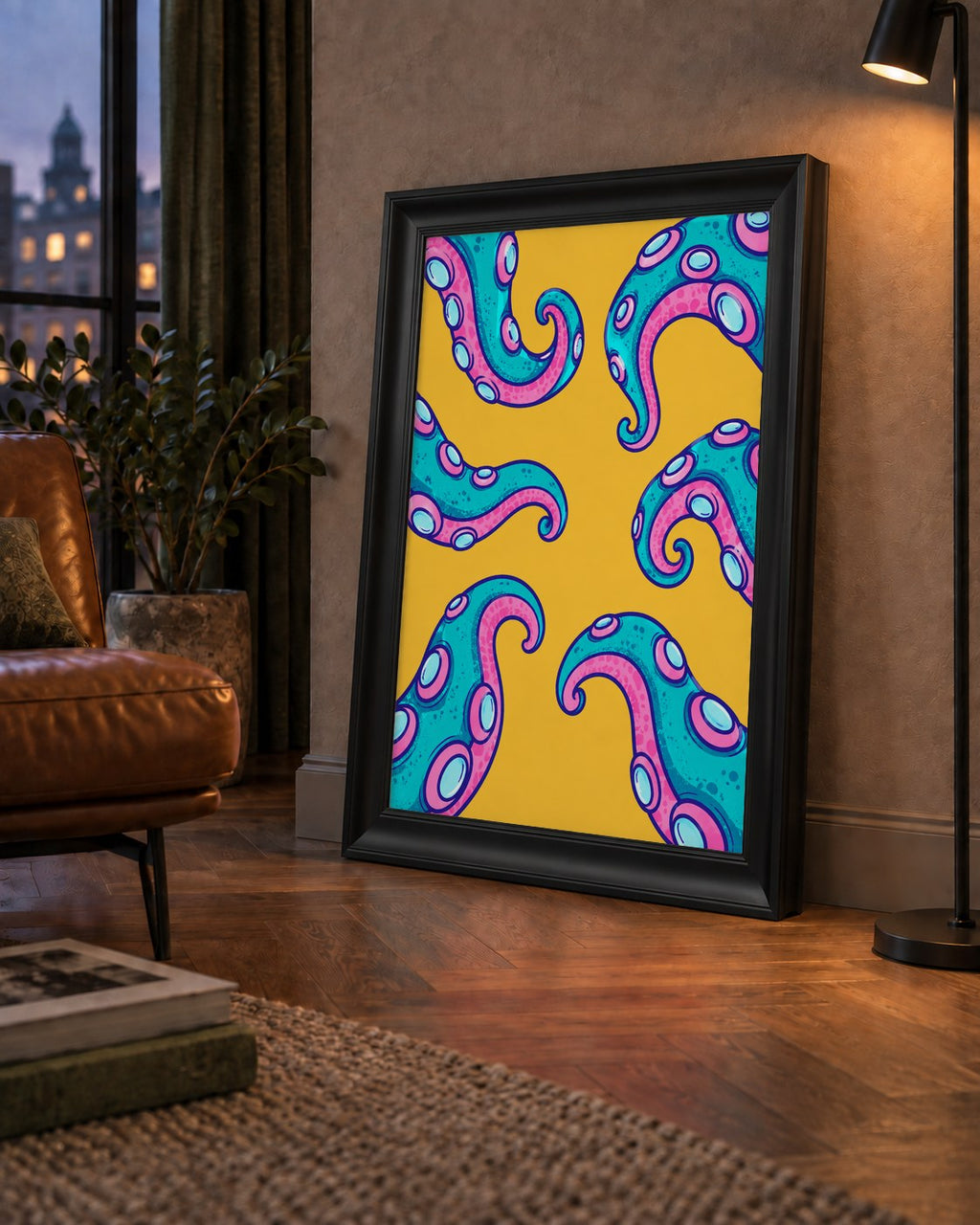Renkli Ahtapot Kolları Poster – Canlı Dijital Sanat Baskısı — çerçeveli hâliyle bir ev duvarında