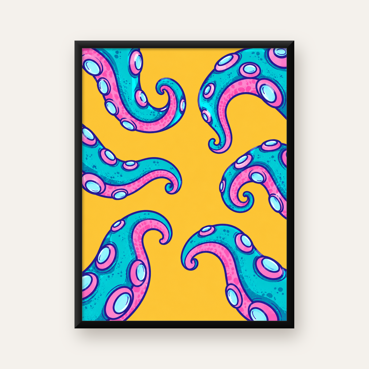 Renkli Ahtapot Kolları Poster – Canlı Dijital Sanat Baskısı — Dikey baskı, düz siyah çerçeveli duvar posteri