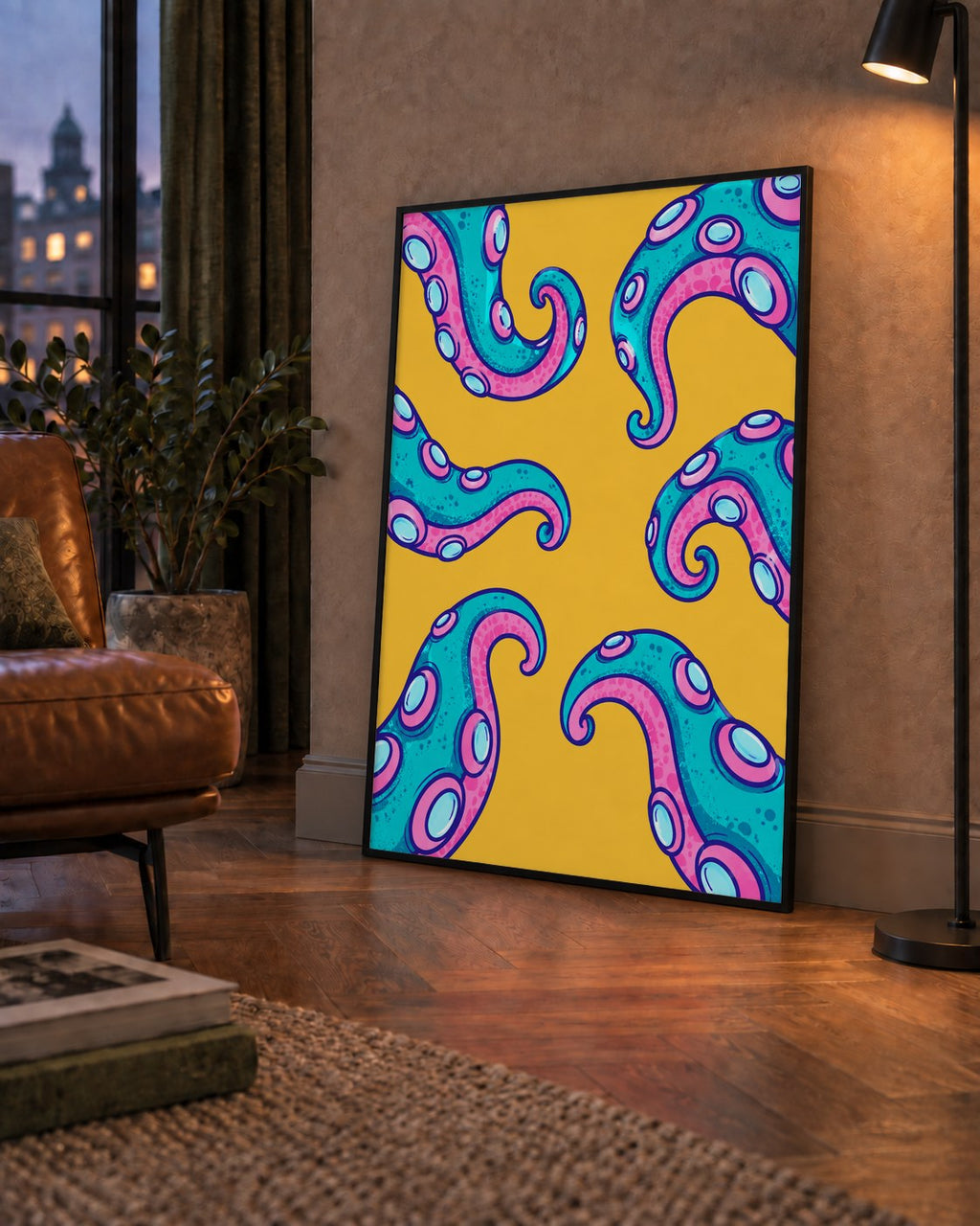 Renkli Ahtapot Kolları Poster – Canlı Dijital Sanat Baskısı — çerçeveli hâliyle bir ev duvarında