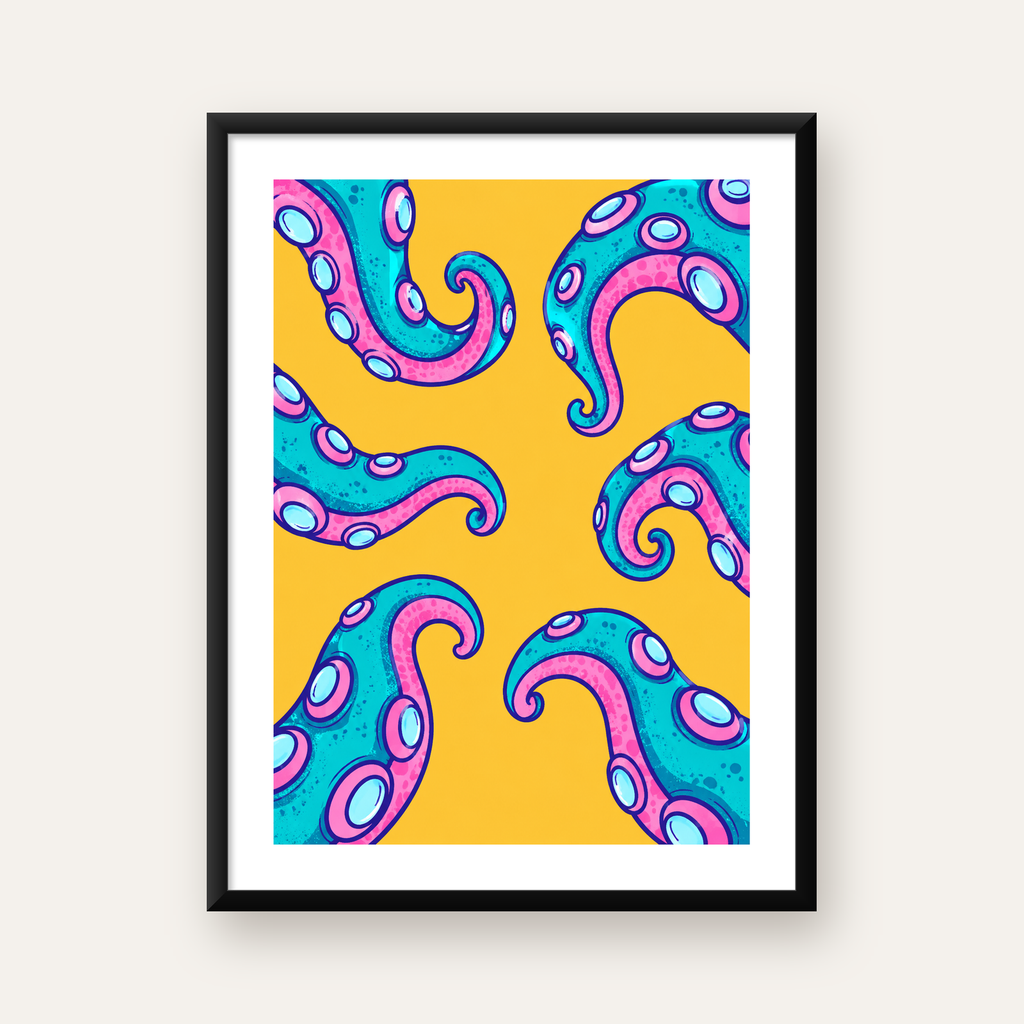 Renkli Ahtapot Kolları Poster – Canlı Dijital Sanat Baskısı — Dikey baskı, beyaz paspartulu