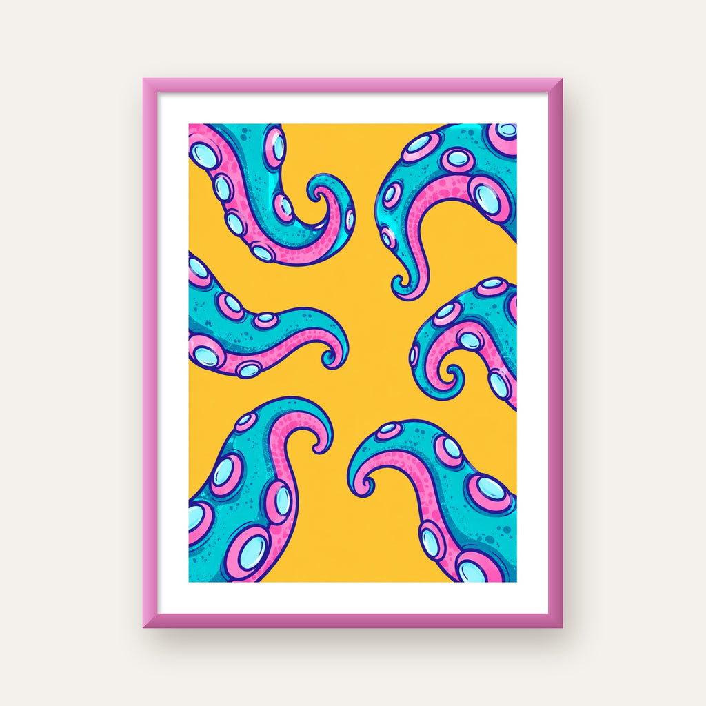Renkli Ahtapot Kolları Poster – Canlı Dijital Sanat Baskısı — pembe çerçeveli paspartulu