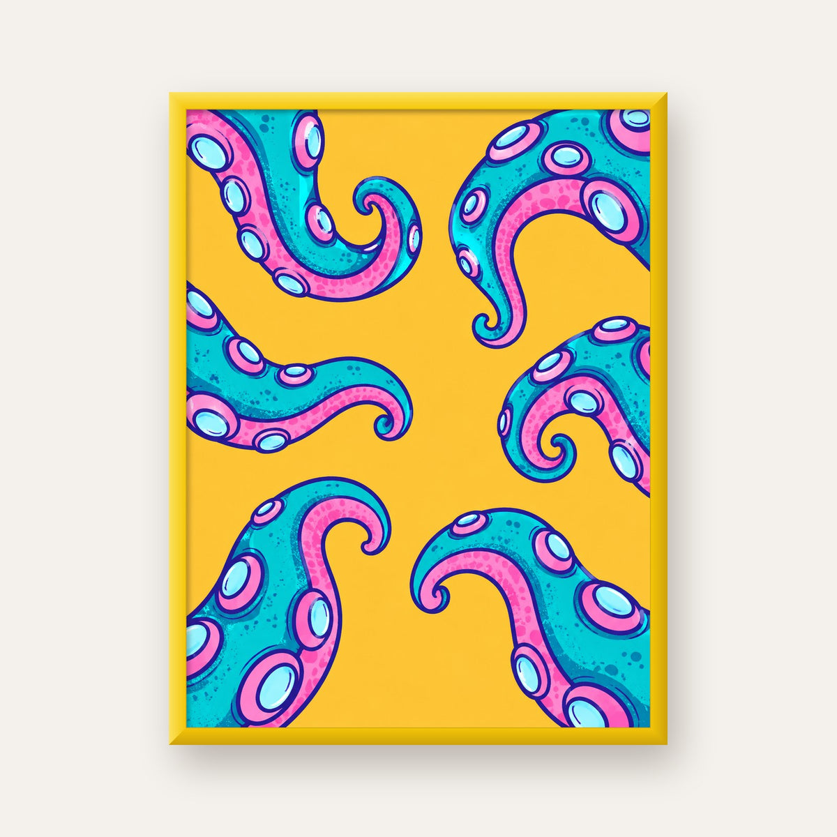 Renkli Ahtapot Kolları Poster – Canlı Dijital Sanat Baskısı — sarı çerçeveli