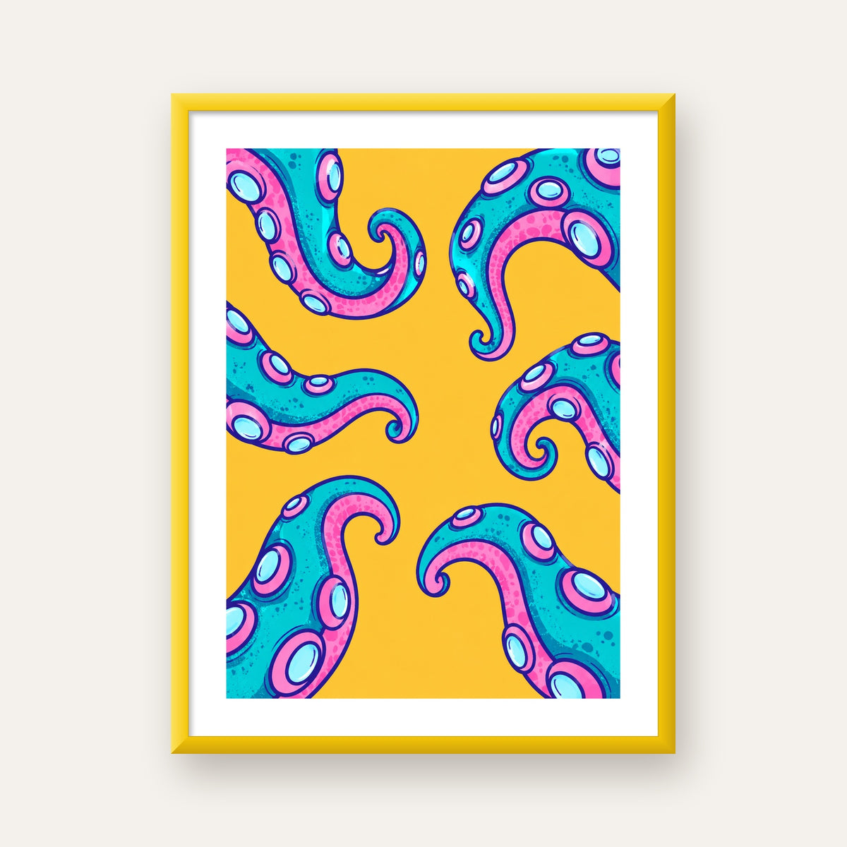 Renkli Ahtapot Kolları Poster – Canlı Dijital Sanat Baskısı — sarı çerçeveli paspartulu