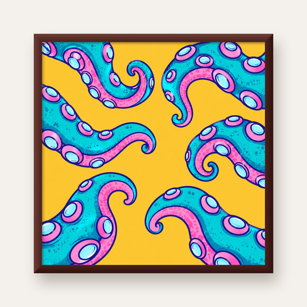 Renkli Ahtapot Kolları Poster – Canlı Dijital Sanat Baskısı — ceviz çerçeveli