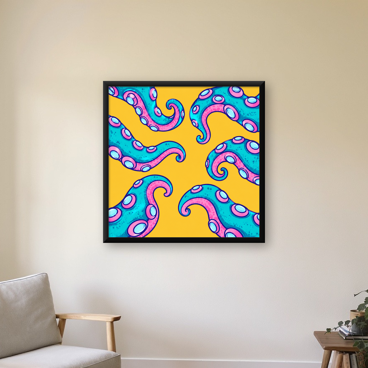 Renkli Ahtapot Kolları Poster – Canlı Dijital Sanat Baskısı — Kare baskı, çerçeveli hâliyle bir ev duvarında