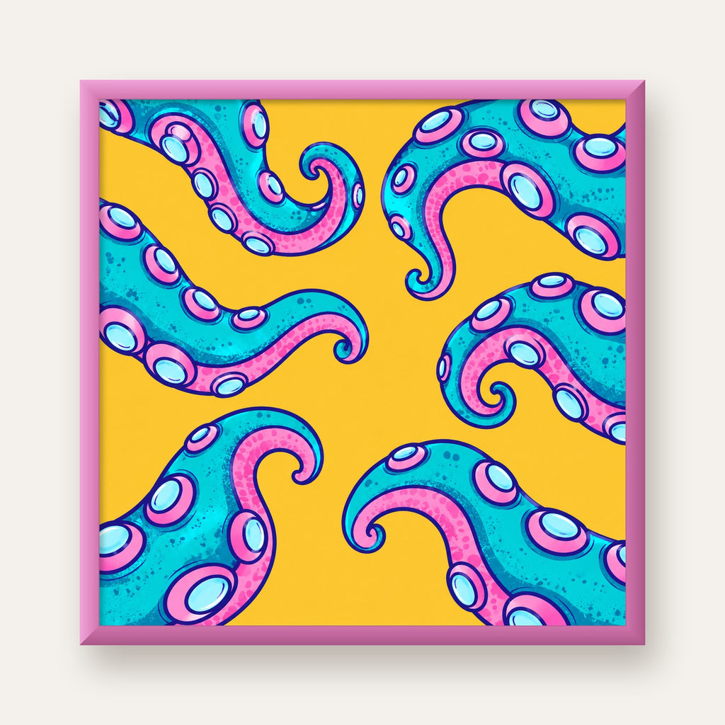 Renkli Ahtapot Kolları Poster – Canlı Dijital Sanat Baskısı — pembe çerçeveli