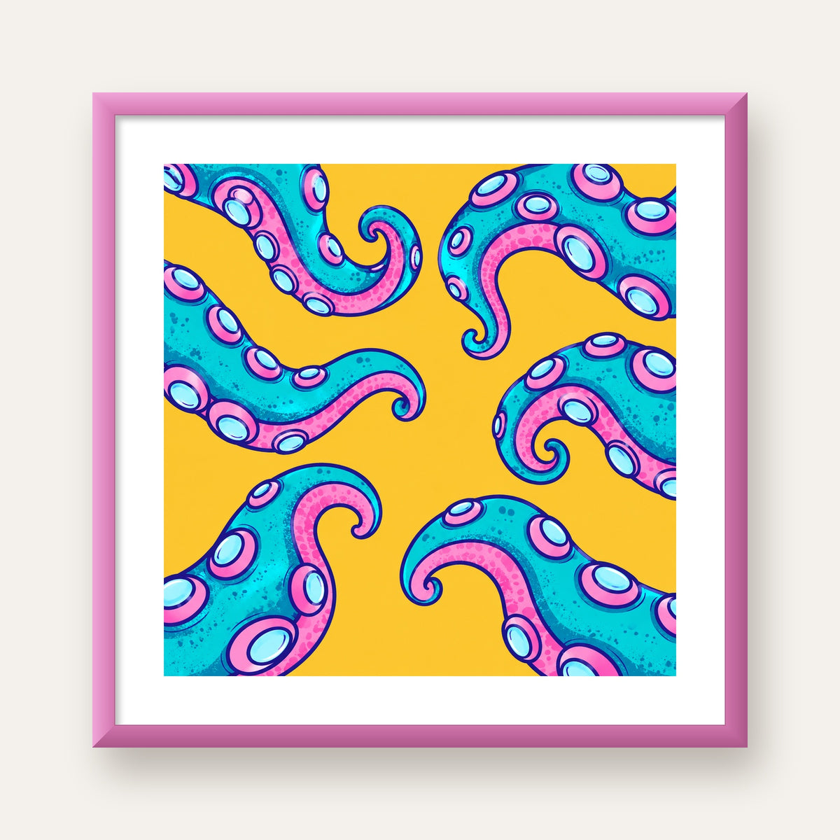 Renkli Ahtapot Kolları Poster – Canlı Dijital Sanat Baskısı — pembe çerçeveli paspartulu