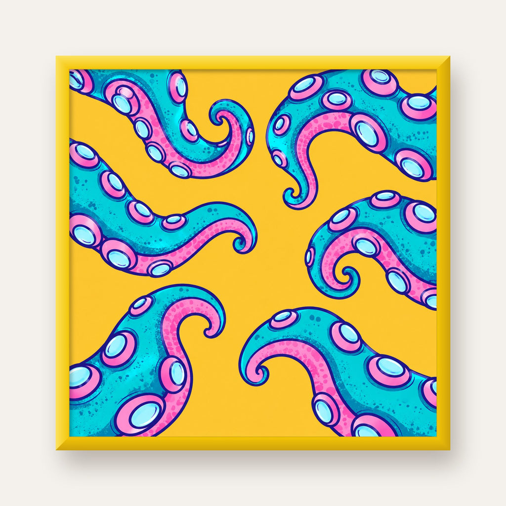 Renkli Ahtapot Kolları Poster – Canlı Dijital Sanat Baskısı — sarı çerçeveli
