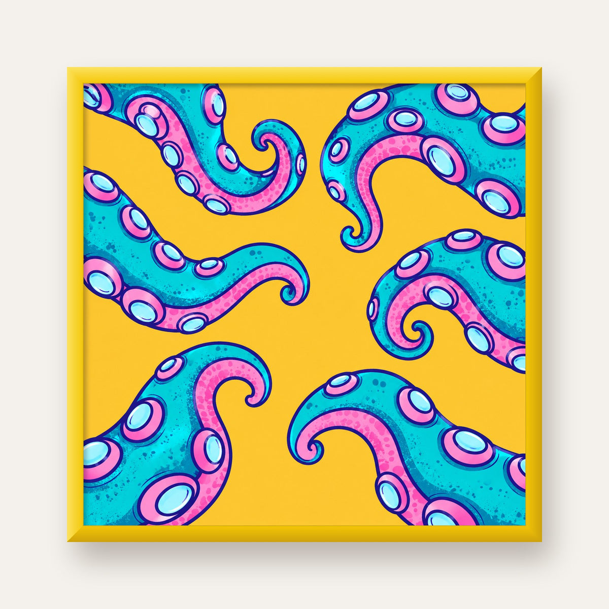 Renkli Ahtapot Kolları Poster – Canlı Dijital Sanat Baskısı — sarı çerçeveli