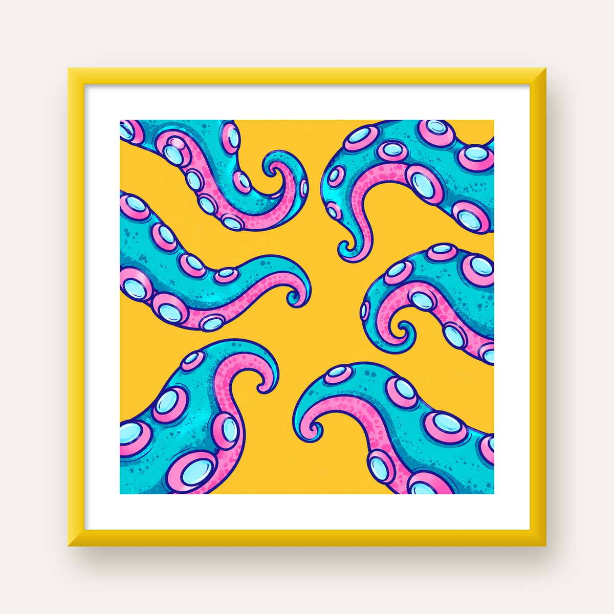 Renkli Ahtapot Kolları Poster – Canlı Dijital Sanat Baskısı — sarı çerçeveli paspartulu