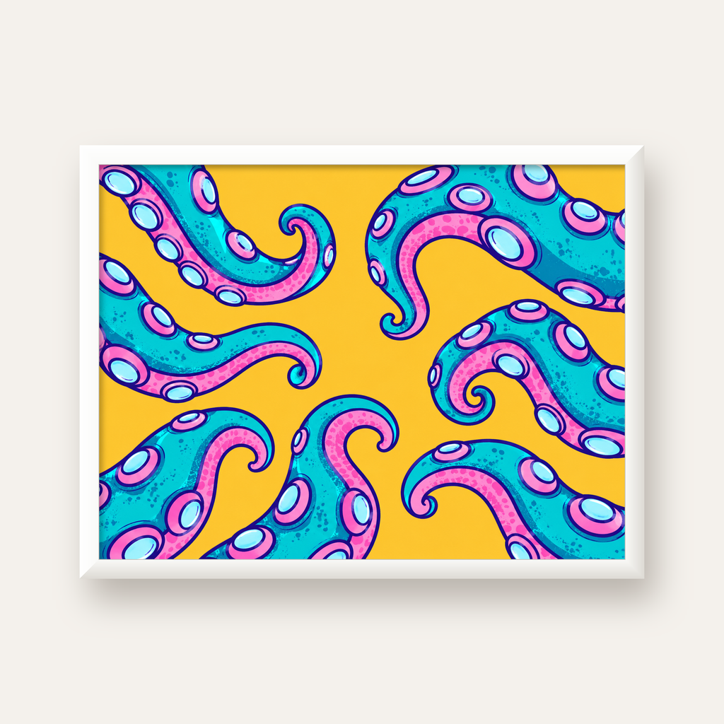 Renkli Ahtapot Kolları Poster – Canlı Dijital Sanat Baskısı — beyaz çerçeveli yatay poster