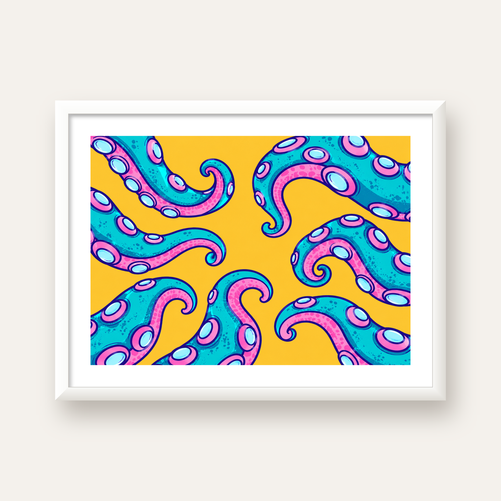 Renkli Ahtapot Kolları Poster – Canlı Dijital Sanat Baskısı — beyaz çerçeveli yatay poster