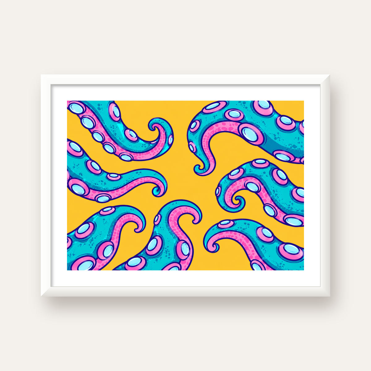 Renkli Ahtapot Kolları Poster – Canlı Dijital Sanat Baskısı — beyaz çerçeveli yatay poster