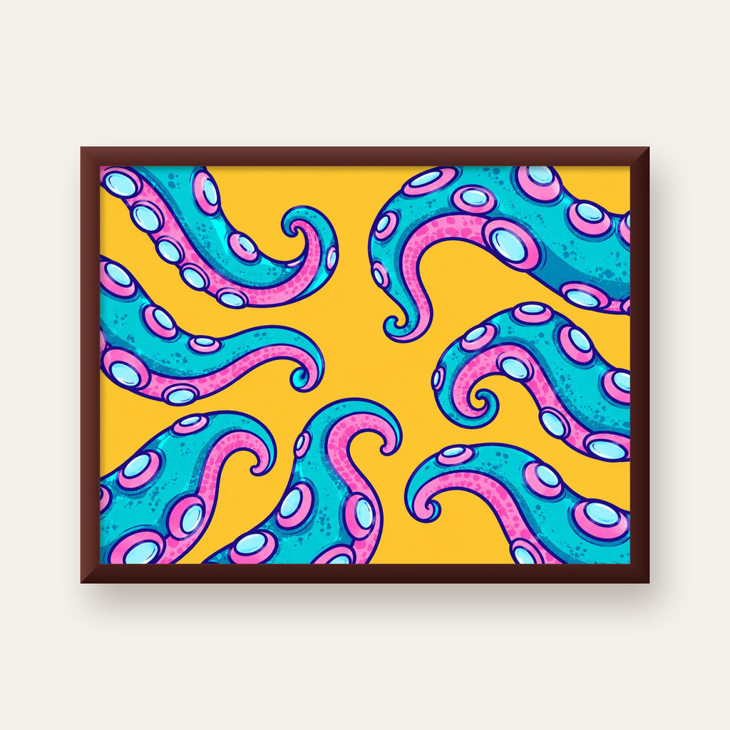 Renkli Ahtapot Kolları Poster – Canlı Dijital Sanat Baskısı — ceviz çerçeveli