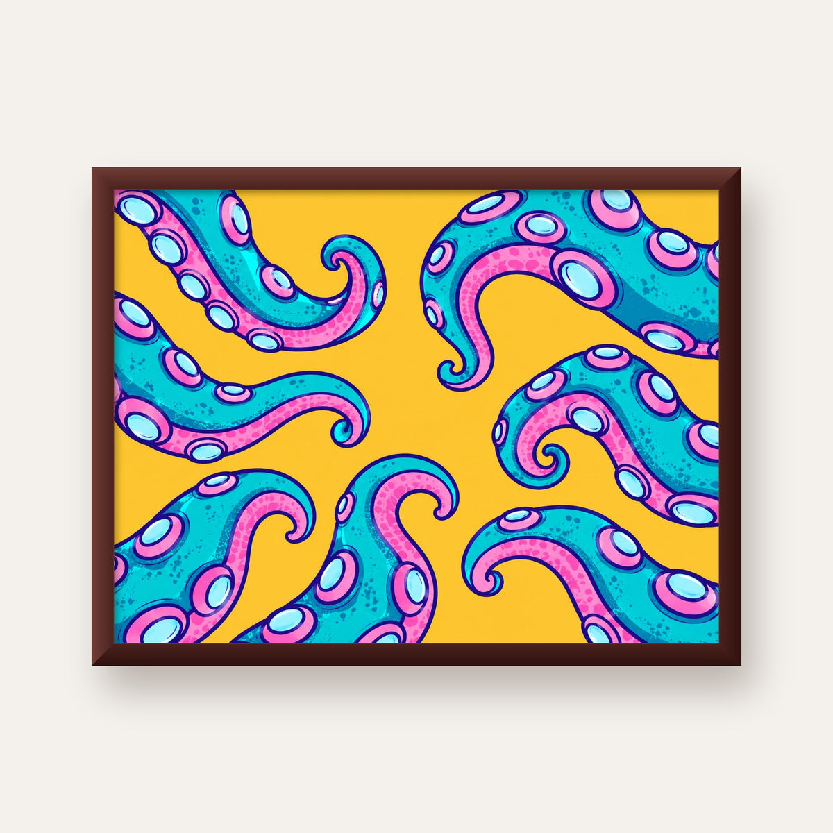 Renkli Ahtapot Kolları Poster – Canlı Dijital Sanat Baskısı — ceviz çerçeveli