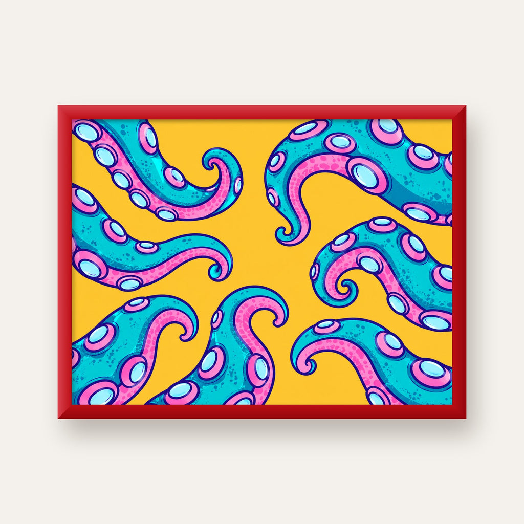 Renkli Ahtapot Kolları Poster – Canlı Dijital Sanat Baskısı — kırmızı çerçeveli
