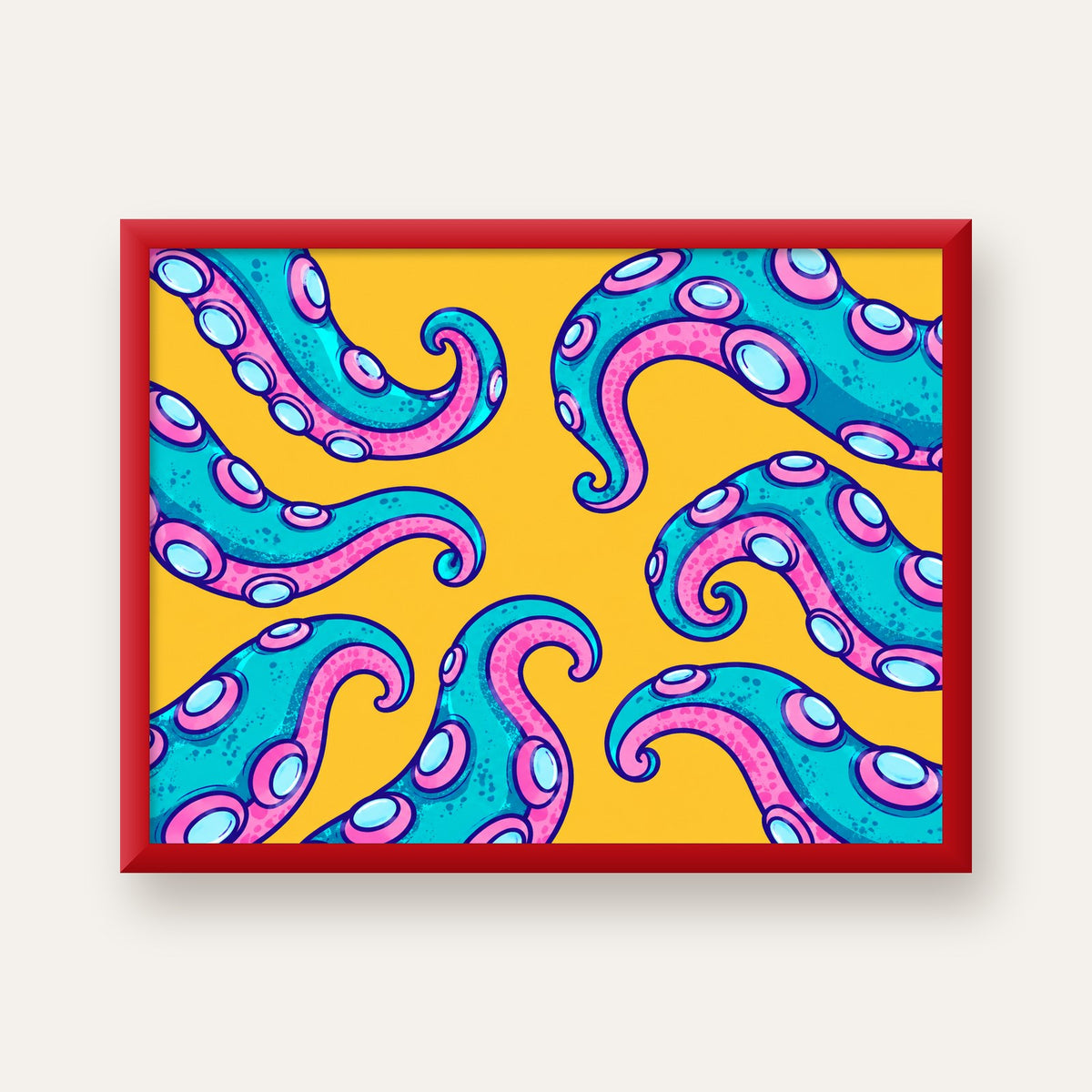 Renkli Ahtapot Kolları Poster – Canlı Dijital Sanat Baskısı — kırmızı çerçeveli