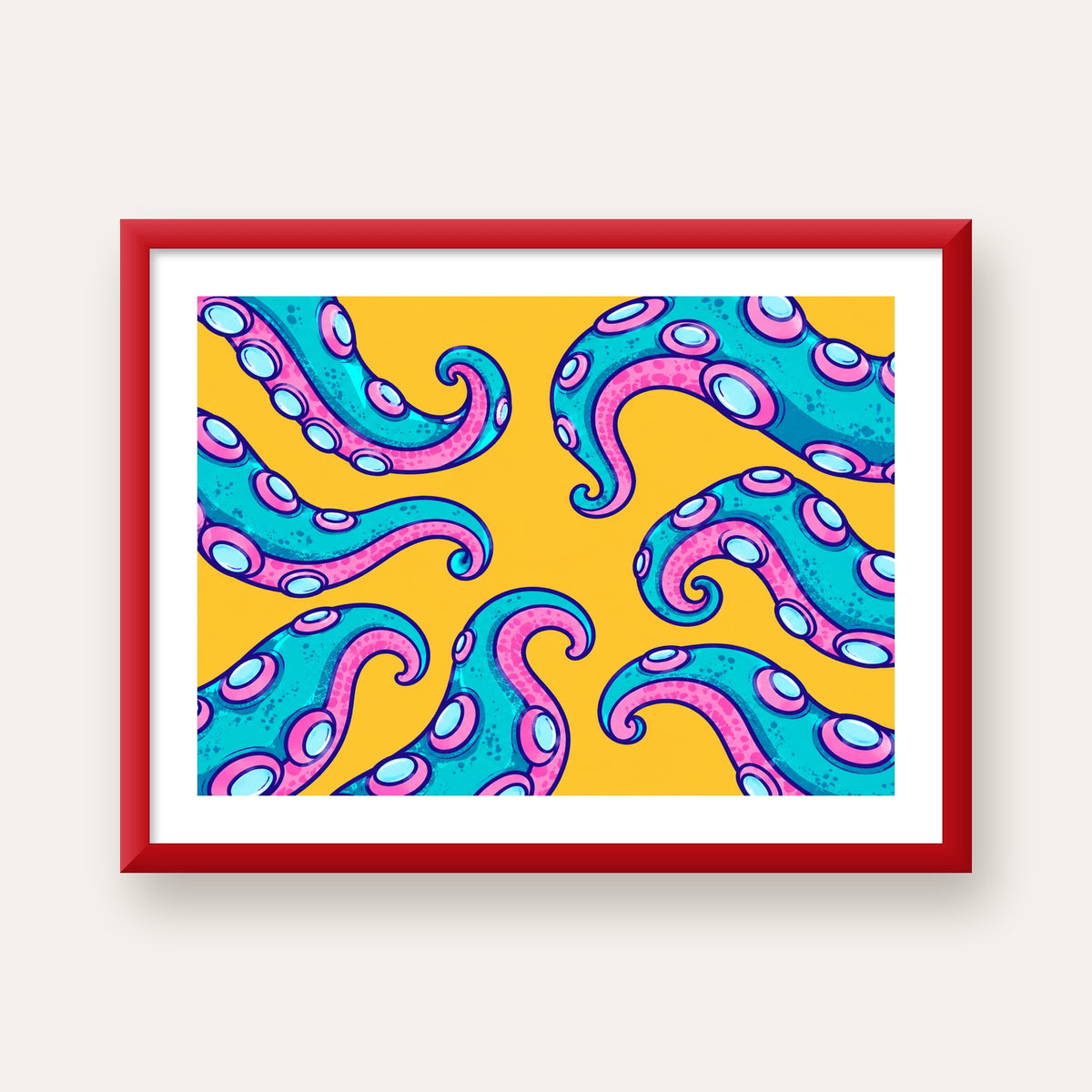 Renkli Ahtapot Kolları Poster – Canlı Dijital Sanat Baskısı — kırmızı çerçeveli paspartulu