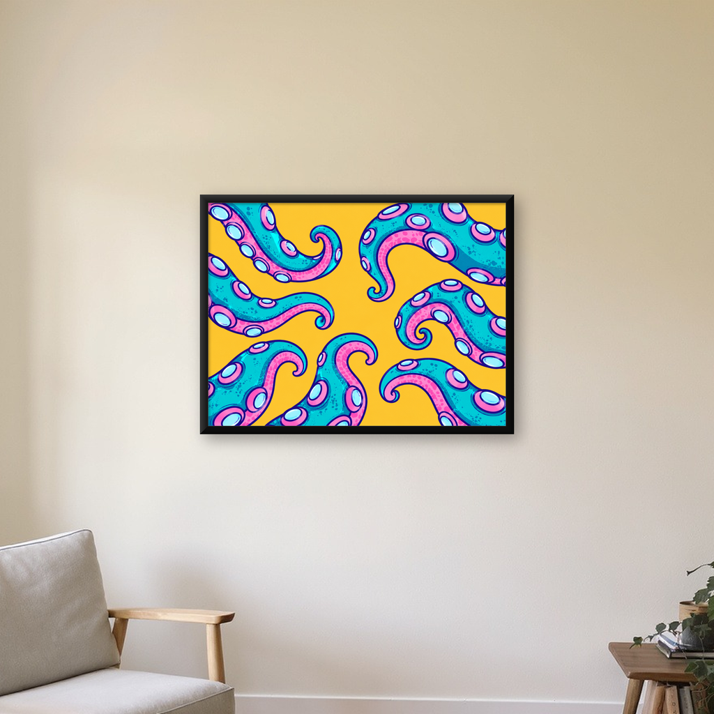 Renkli Ahtapot Kolları Poster – Canlı Dijital Sanat Baskısı — Yatay baskı, çerçeveli hâliyle bir ev duvarında