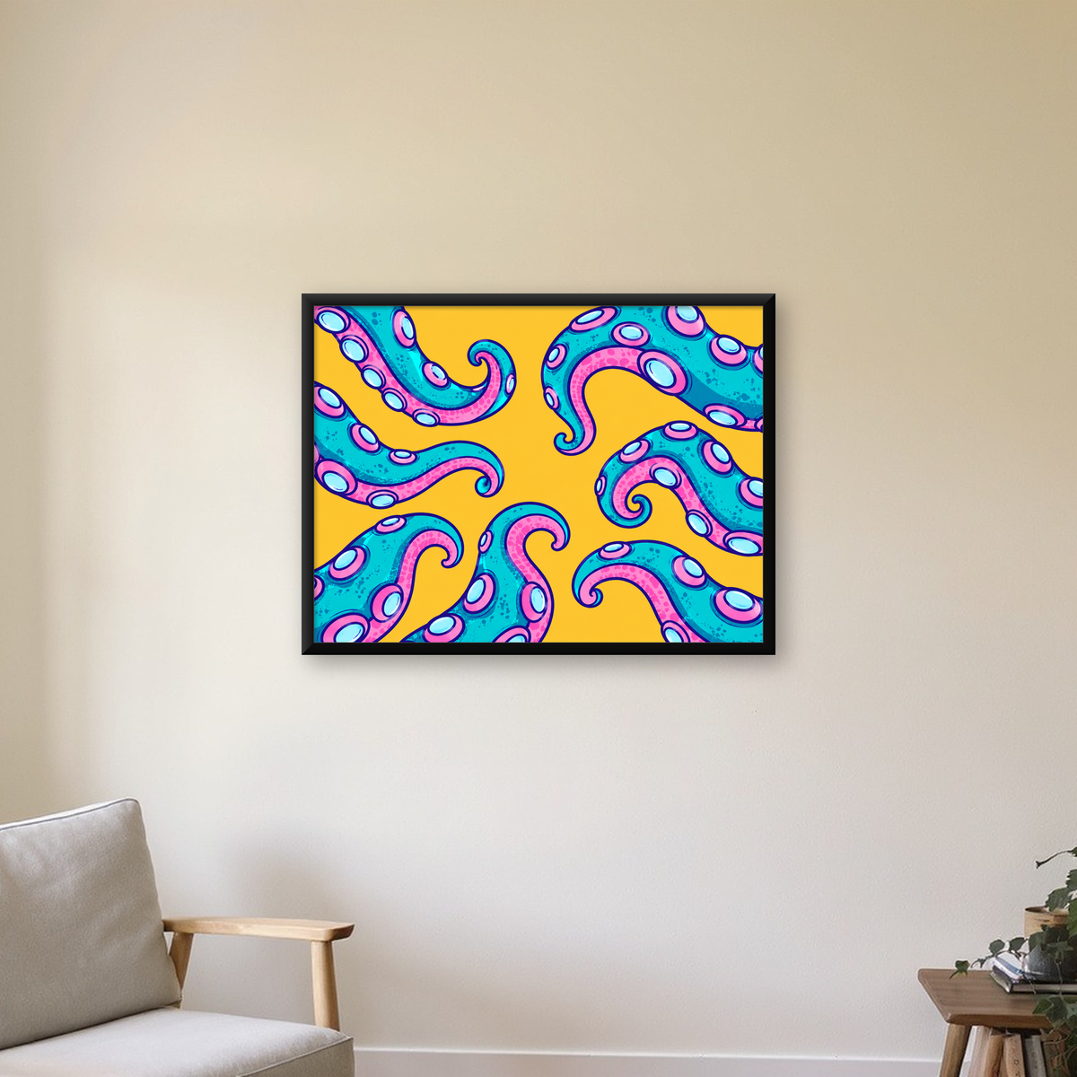 Renkli Ahtapot Kolları Poster – Canlı Dijital Sanat Baskısı — Yatay baskı, çerçeveli hâliyle bir ev duvarında