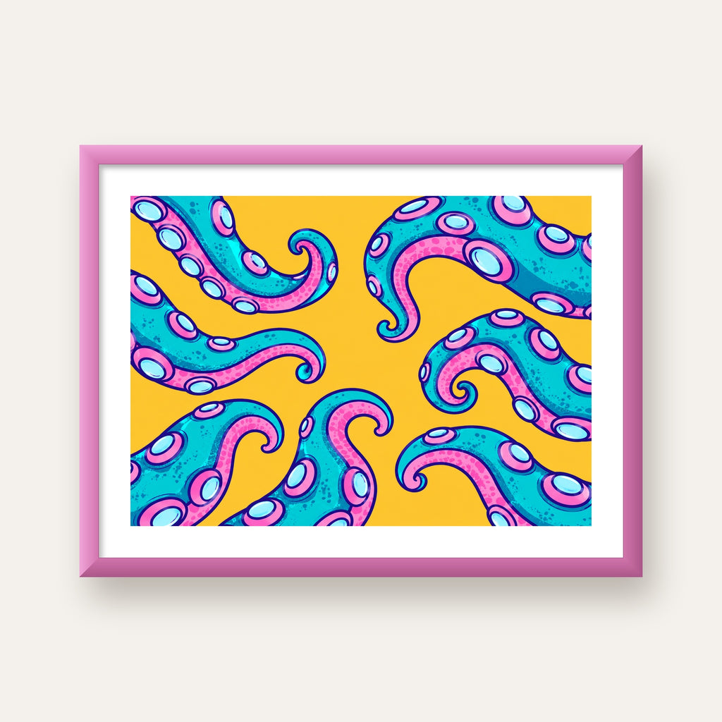 Renkli Ahtapot Kolları Poster – Canlı Dijital Sanat Baskısı — pembe çerçeveli paspartulu